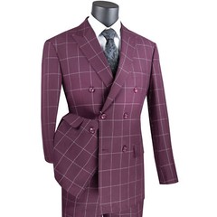 VINCI Men’s Burgundy Windowpane Double Breasted 6-Button Modern Suit – NEW