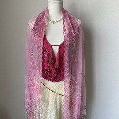 Pink Mesh Sheer Shawl Wrap Floral Embroidered Sequin Women’s Embellished Scarf