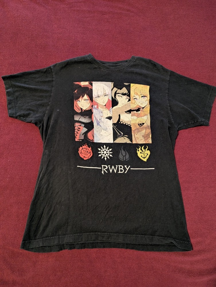 RWBY Anime Black T-Shirt – Ruby, Weiss, Blake, Yang | Official Rooster Teeth – L