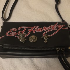 Ed Hardy Black/Red Logo Skull Crossbody Bag Zip, Detachable Strap Pockets