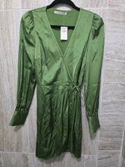 Abercrombie & Fitch Green Satin Wrap V-Neck Tie Waist Puff Long Sleeve Dress S