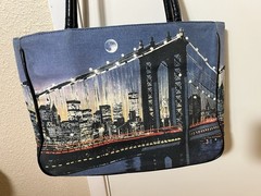 NYC Brooklyn Bridge Cotton & Faux Leather Shoulder Tote 3 sections Organizer