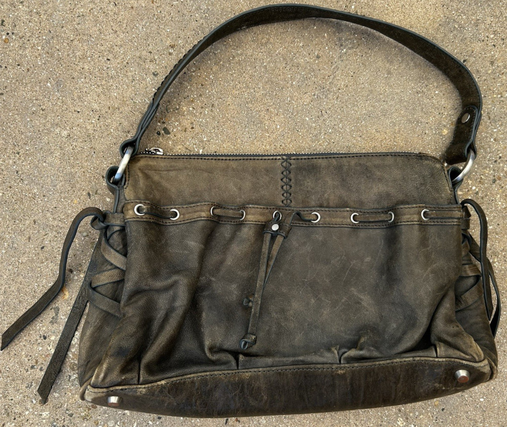 Junior Drake Medium Brown Tan Leather Purse Handbag Silver Copper Trim