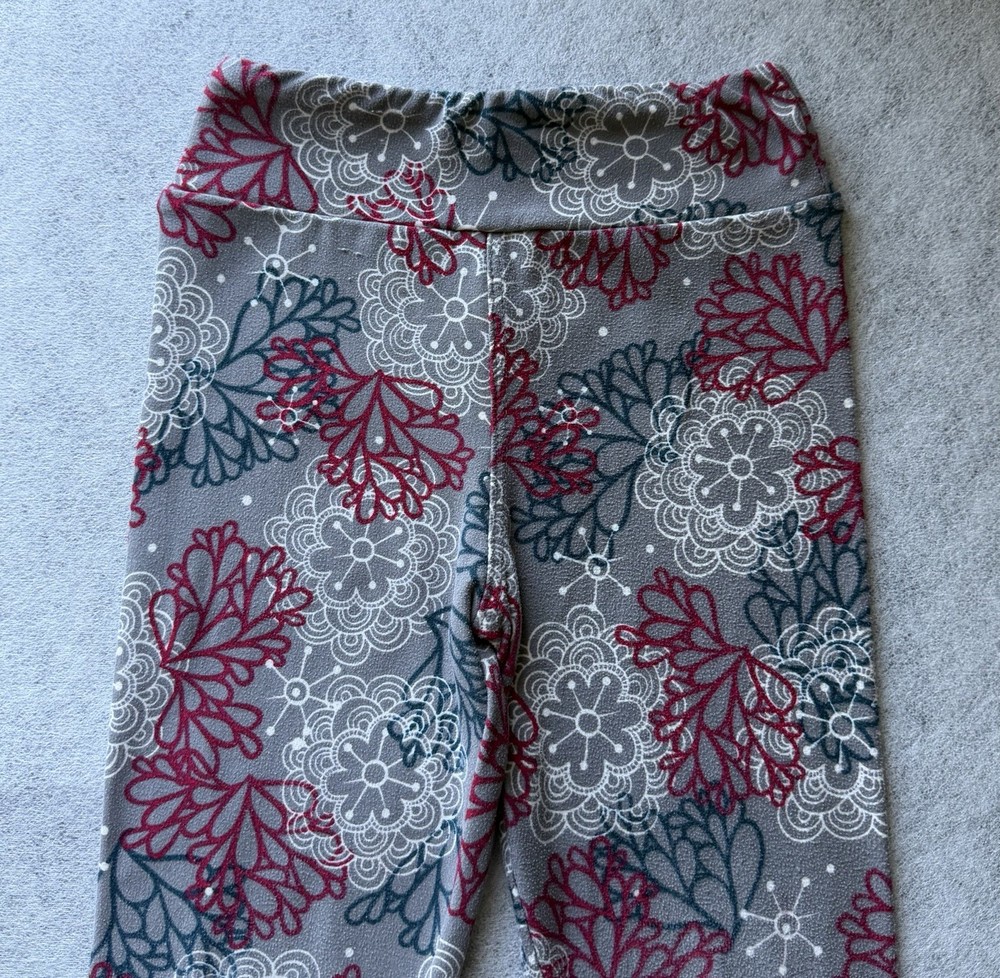 LuLaRoe Kids S/M Gray Floral Ankle Leggings Mid Rise Stretch Yoga Knit