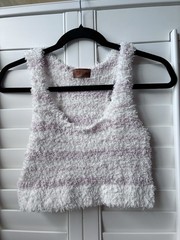 POL anthropology Fuzzy Striped Crop Tank Top – White & Pale Pink balletcore