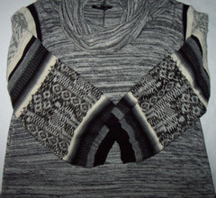 NWT John Mark Heather Gray/Black/Ivory MARL Cowl Sweater L MULTI-PATTERN SLEEVES