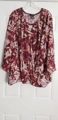 Catherines Black Label Blouse Womens 4XL Burgundy Leaf Print Faux Leather Trim.