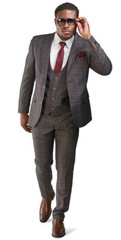 Slim Fit 2 Button Bronze Brown Windowpane Mens Suit 3 Piece Vested 35071 AZARMAN