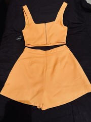 Lulus Orange Solid 2-Piece Knit Set Crop Top Shorts Square Neck Zip Size S