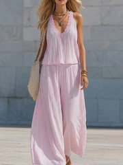 Womens Lace V-Neck Pleated Striped Two Piece Set Loose Wide Leg Pants Suit