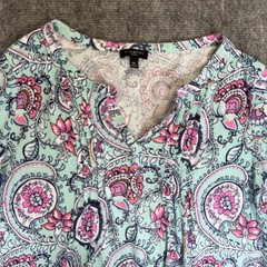 Talbots Petite Med MP Paisley Floral Top Aqua Pink Pima Cotton Modal 3/4 Sleeve