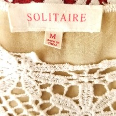 SOLITAIRE Embroidered Blouse Top Size M Beige White Floral Crochet Accent Fringe