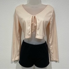 shein beige ribbed front tie crop long sleeve blouse top shirt