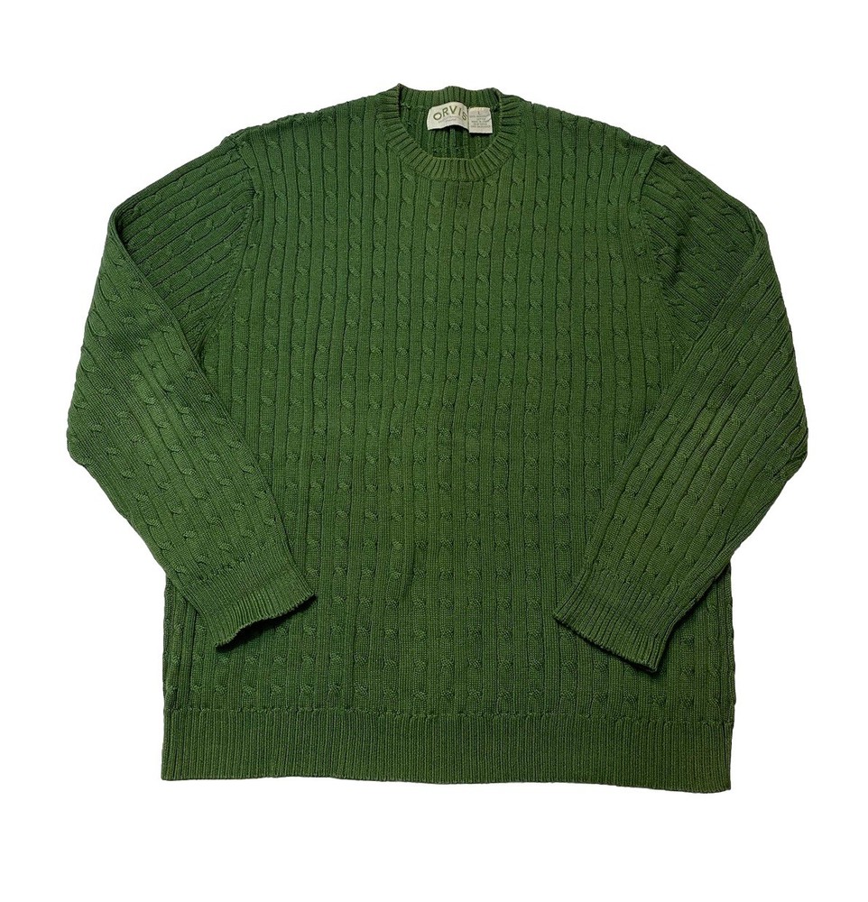 Orvis Fisherman Sweater Mens Large Green Mercerized Cable Knit Cotton