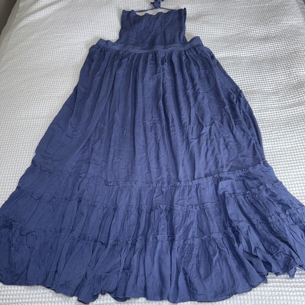 R Vivimos Smocked Halter Open Back Tiered Maxi Dress Sz M Blue Summer Beach NWT
