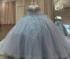 Light Blue 3D Floral Glitter Quinceanera Ball Gown Rhinestone Sweet 16 Dress