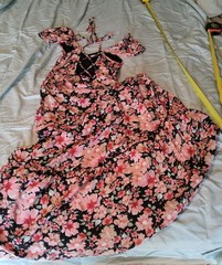 ⚘EUC Rewind Black Pink Floral High Low Maxi Dress Lace Up Back Slit Ruffles M