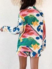 Women’s 2-Piece Abstract Multicolor Button-Up Collared Top & Shorts Set M
