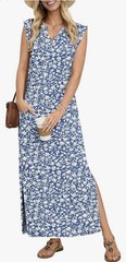 Women’s Blue/White Floral V-Neck Sleeveless Long Maxi Dress Side Slit