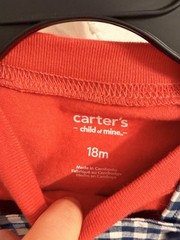 Carter’s Child of Mine 2pc Red Tee & Blue/White Gingham Overalls Set 18M