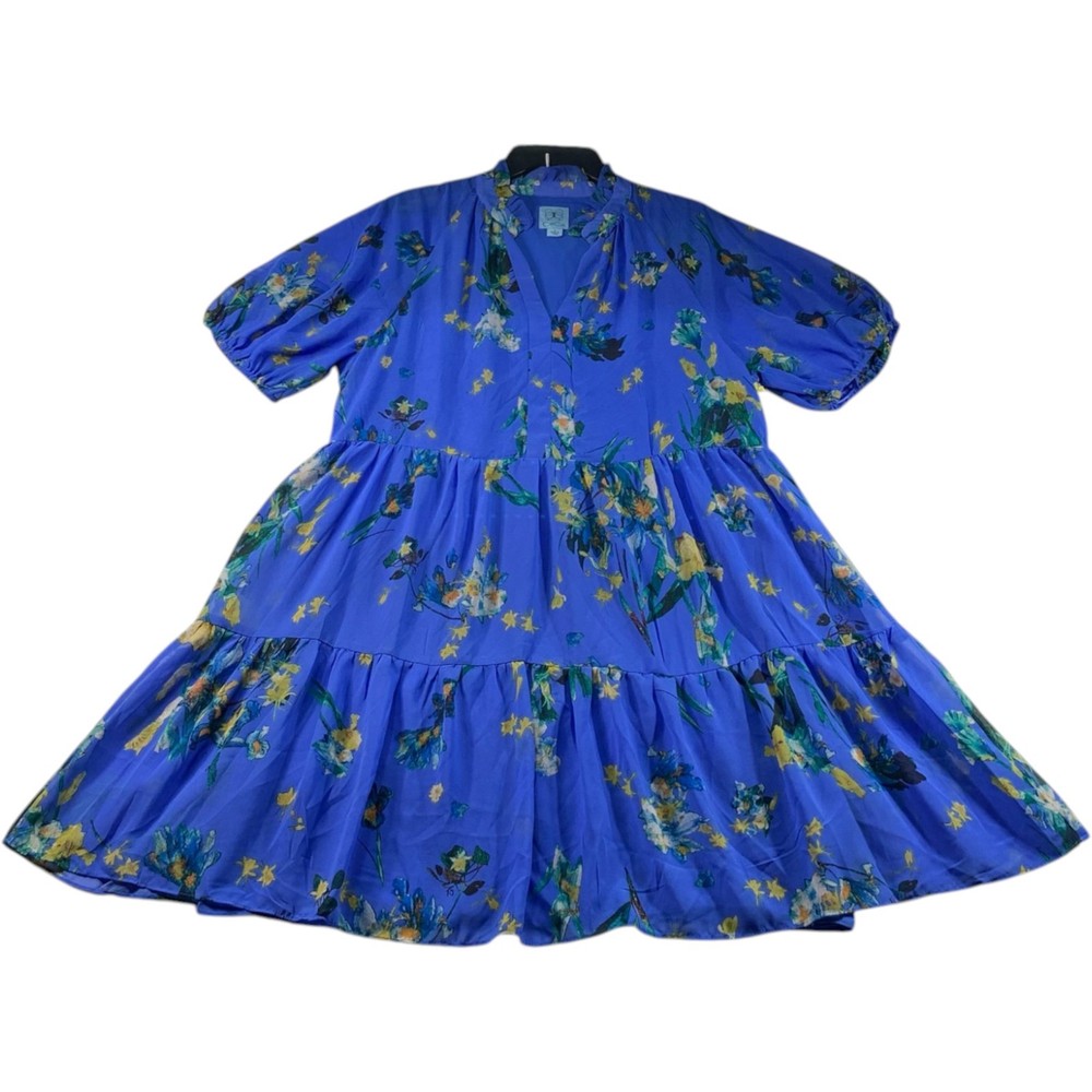 CeCe Dress Womens Size Large Blue Floral Ruffled Puff Sleeve Vneck New