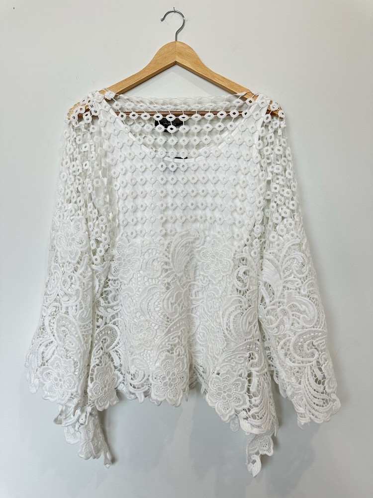 Marc Bouwer Womens Small White Embroidered Crochet See Through Top Blouse Shirt