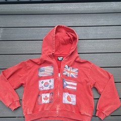 FLOOR 914 Red Full Zip Hooded Fleece Hoodie Flags World Tour Graphic Size M