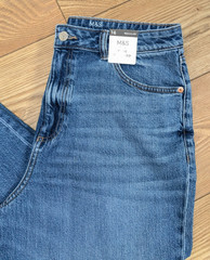 M&S Medium Washed Indigo Stretch Denim Wide Leg High Rise Cropped Crop JEANS 16