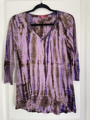 GLIMA Womens Sz M Purple Tie-Dye Rib Knit V-Neck 3/4 Sleeve Top y2k 90s Vtg Goth