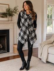 Rewind XL Black White Plaid Hooded Vest Fringe Hem Button Front Boho