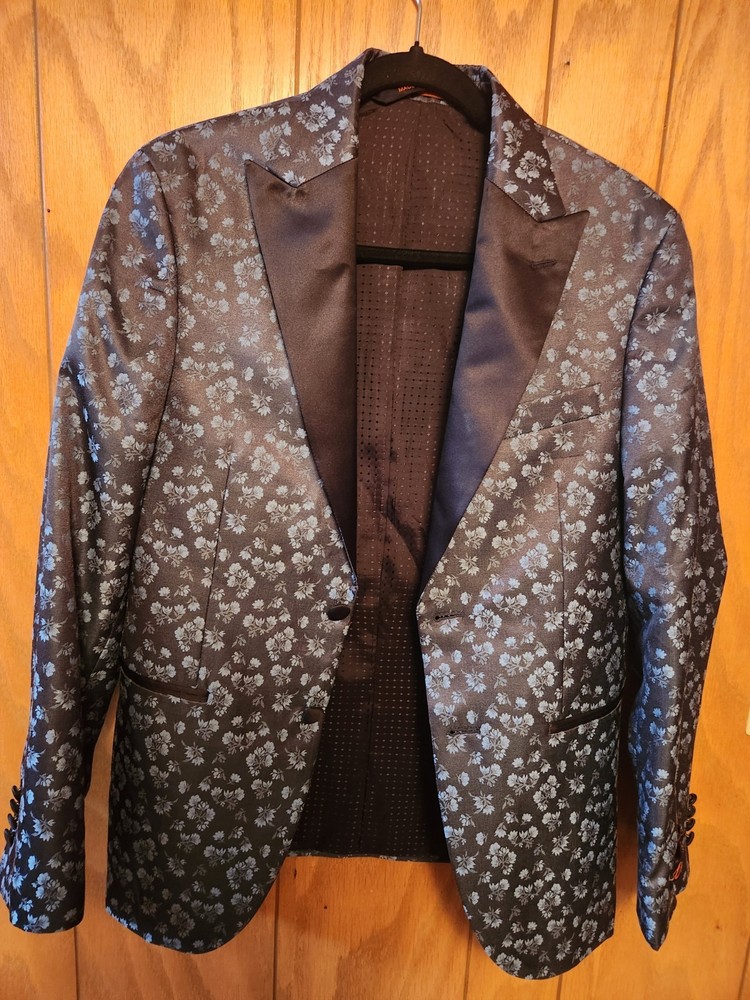 Egara Men’s Blue Paisley Blazer Slim Fit Tuxedo Trim Jacket