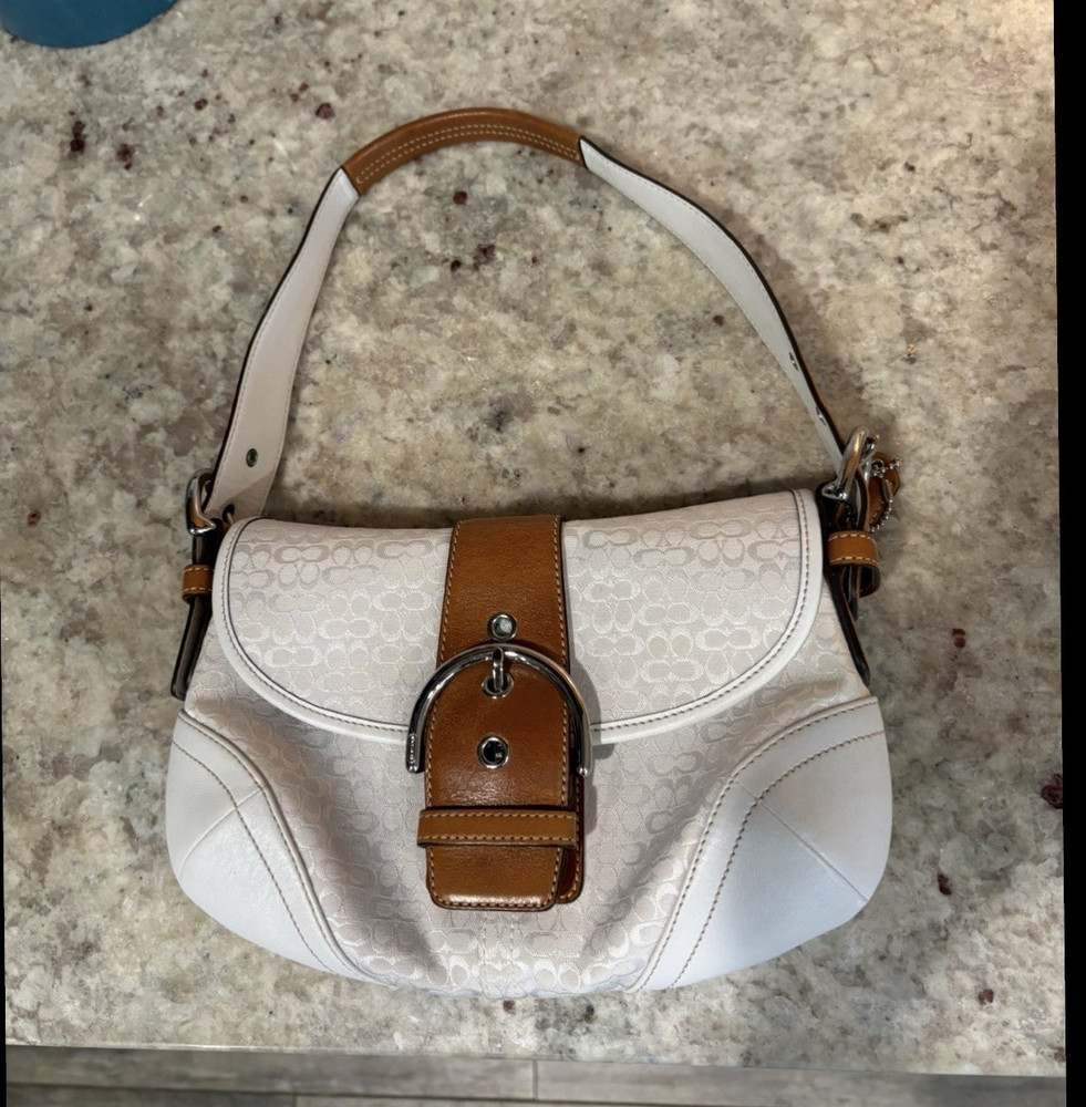 Coach Signature Logo White/Brown Shoulder Bag Buckle, Silver Hardware, Pockets
