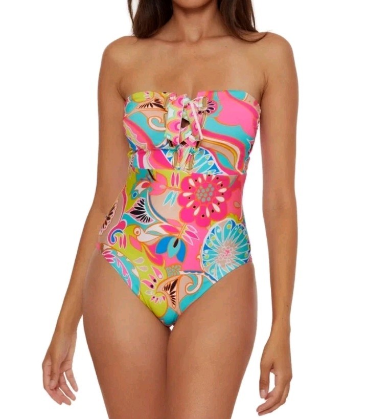 $172 NWT TRINA TURK Venus Lace Up Bandeau One 1 Piece Swimsuit Size 14