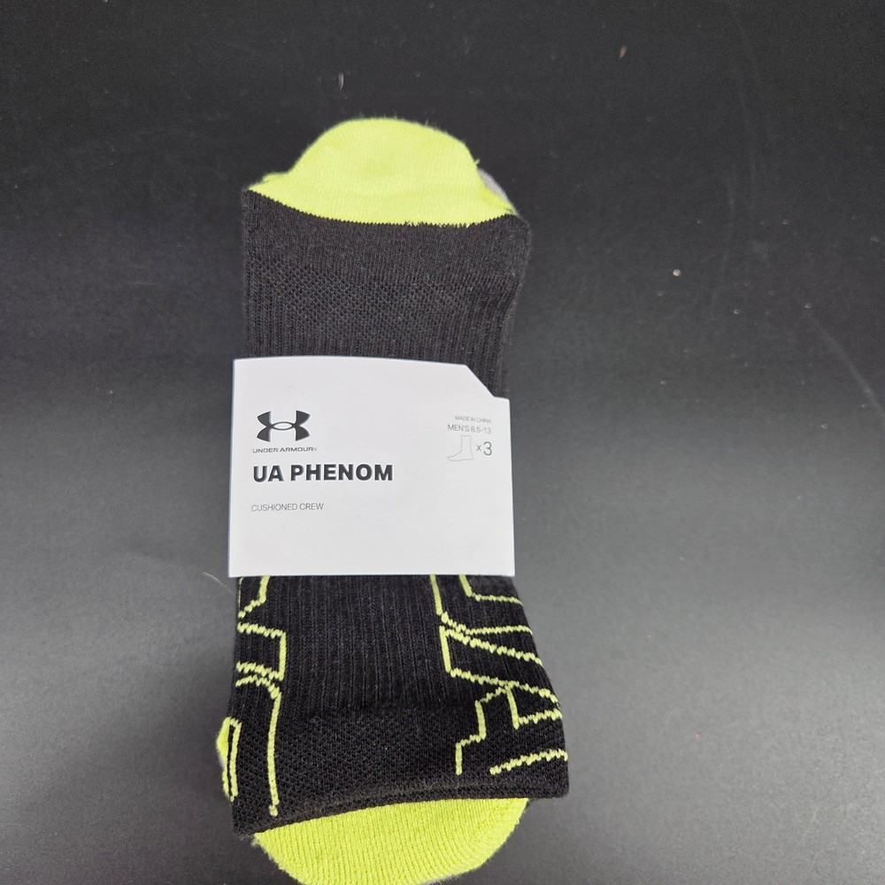 Under Armour UA Phenom Men’s Cushioned Crew Socks Black Neon Yellow Blue 3 Pair