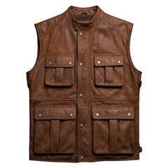 Mens Brown Leather Utility Vest Multi Pocket Snap Front Casual Outdoor Gilet