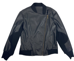 Bomber Jacket Womens Faux Leather Lined Ribbed Cotton Waist &Arm Detail Sz ? M/L