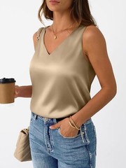 Women Silk Satin Tank Top V Neck Sleeveless Summer Blouse Business Casual Top