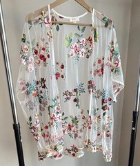 Umgee Sheer Mesh Floral Embroidered Short Sleeve Top Cover Up Womens S/M