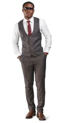 Slim Fit 2 Button Bronze Brown Windowpane Mens Suit 3 Piece Vested 35071 AZARMAN