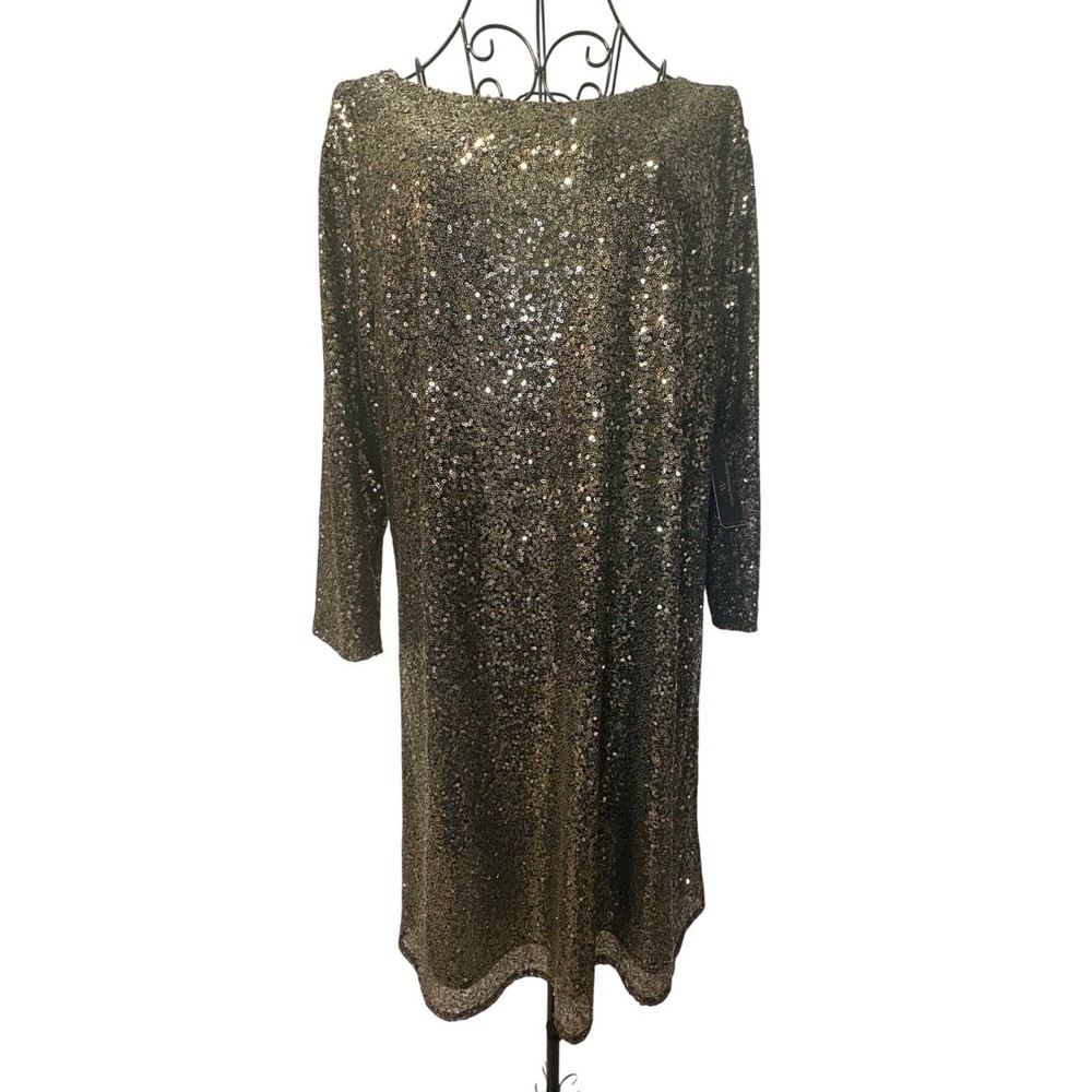 Worthington NWT Gold Sequin Long Sleeve Shift Dress w/ Back Cutout – Large