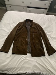 John Varvatos Brown Leather Military Jacket Stand-Up Collar Button Closure 50