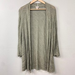 Chico’s Open Front Cardigan Sweater Women Sz L Olive Green Pointelle Linen Blend