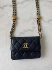 CHANEL Quilted Wallet on Chain WOC Blue Gold CC Logo Chain Strap Snap, Set