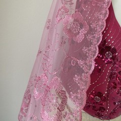 Pink Mesh Sheer Shawl Wrap Floral Embroidered Sequin Women’s Embellished Scarf