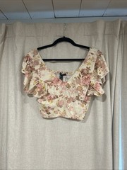Forever 21 Floral V-Neck Ruffle Sleeve Crop Top – Pink & Cream