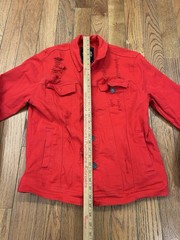 Copper Rivet Denim Jacket Mens Large L Red Distressed Ripped Jean Trucker Coat