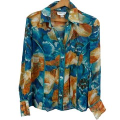 Coldwater Creek Women 100% Silk Floral Sheer Seamed Top Size Medium Artsy Boho