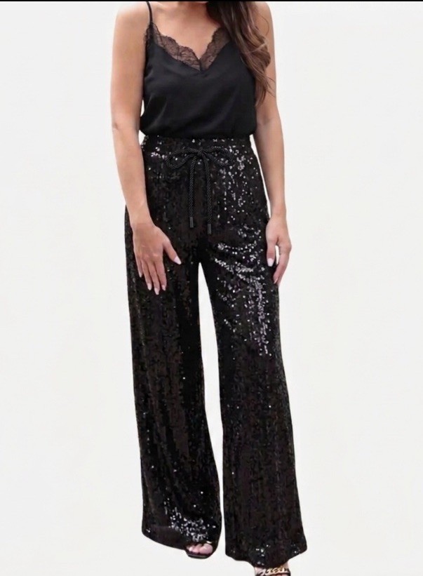 Jess Lea Black Shimmered Sequin Wide-Leg Elastic Tie-Waist Pant 2XL Bohemian
