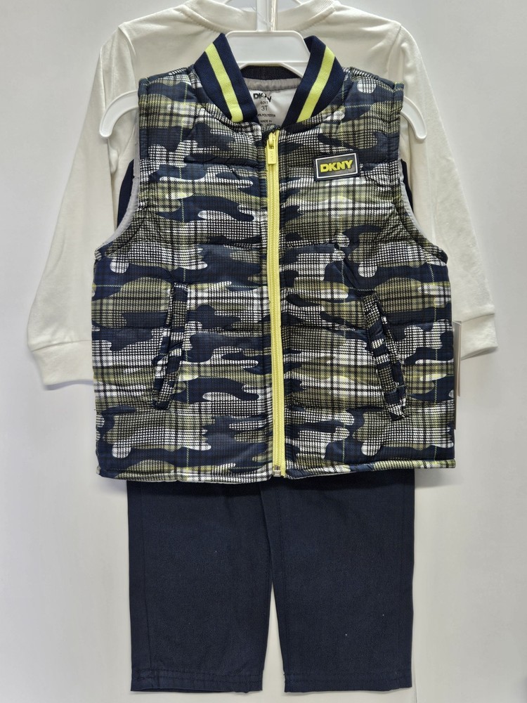 DKNY Size 3 T Set Of 3, Green- Blue Vest/ Blue Pants/ Cream Long Sleeve Print
