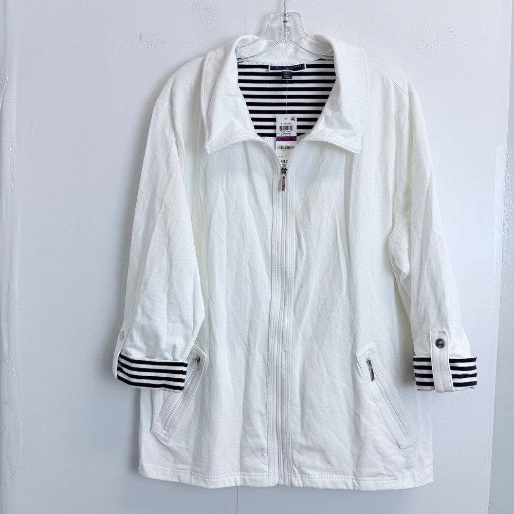 Karen Scott Sport White Zip Front Knit Jacket Nautical Striped Trim XXL NWT